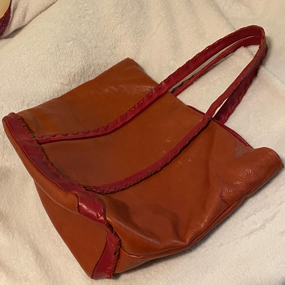 Maurizio Taiuti Italian Brown and Red Leather Tote.